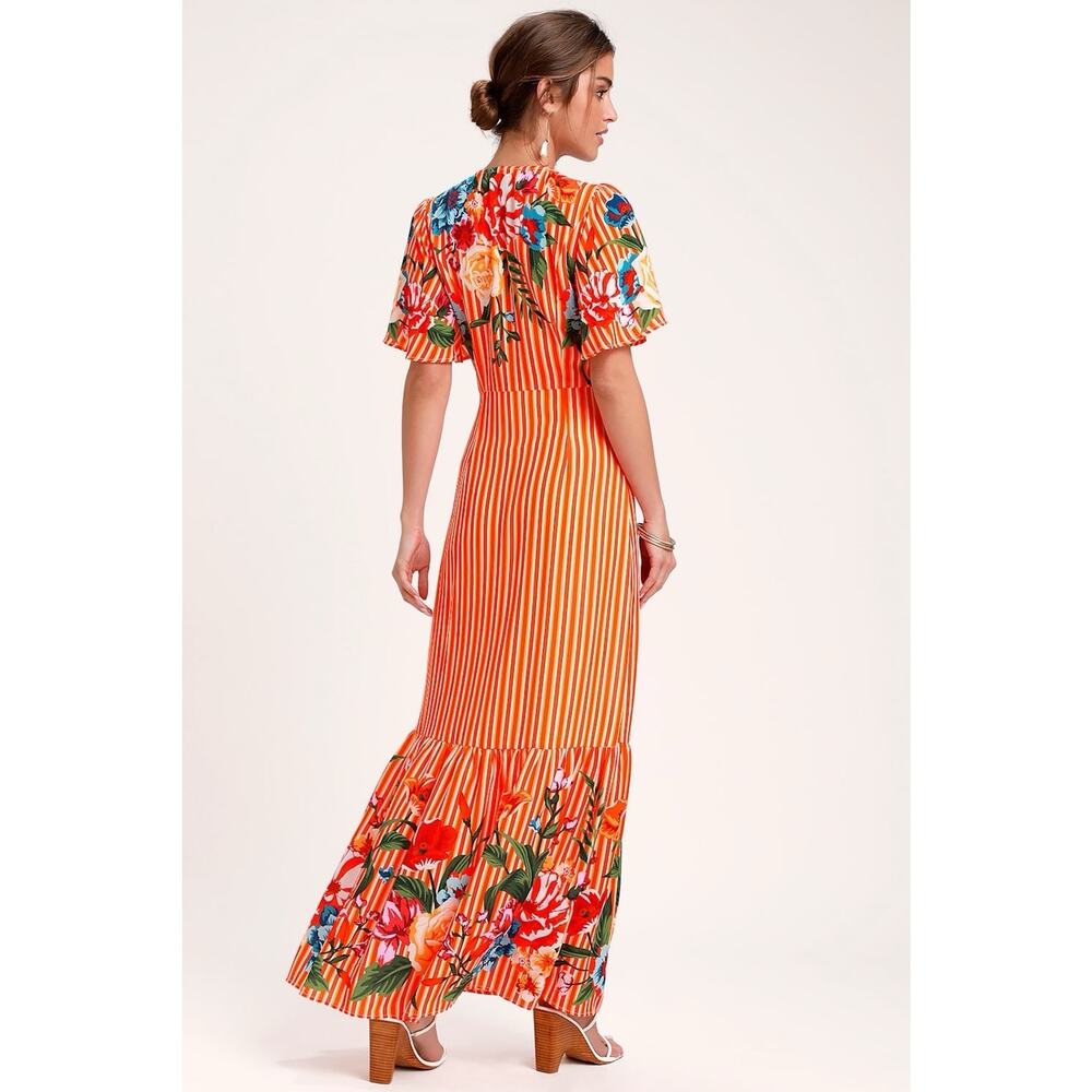 NWT Lulus Roam The Riviera Orange Floral Striped Button Up Maxi Dress M - Picture 2 of 7